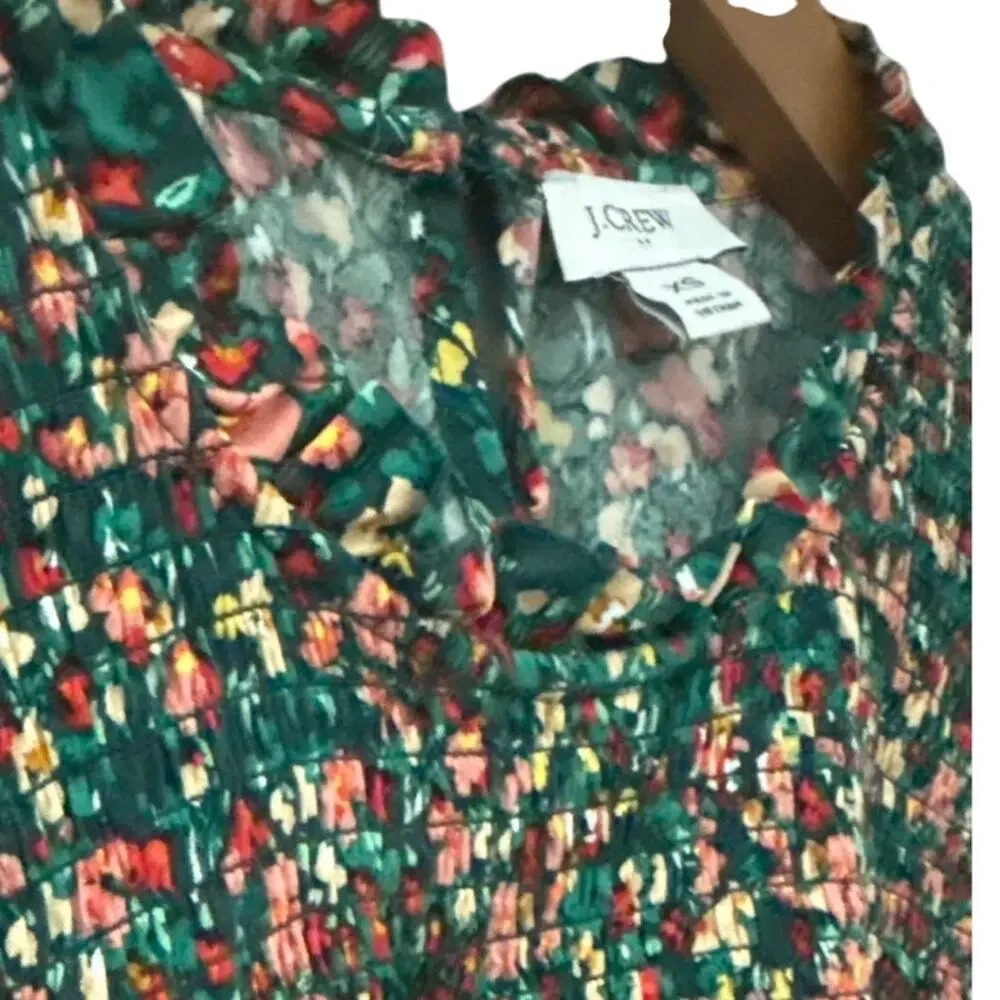 J. Crew Smocked Ruffleneck Top Old Forest‎ Coral Size XS